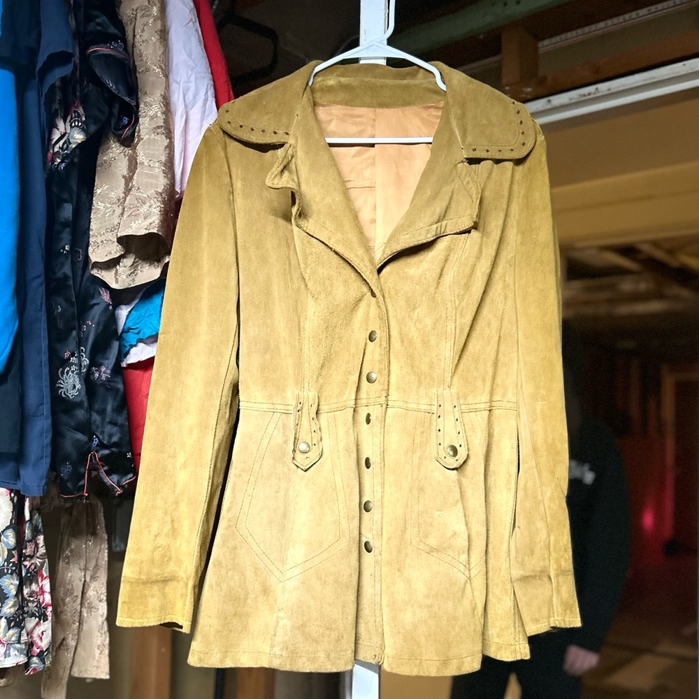 1970s True Vintage Rust Orange Bitton Snap Suede Coat With Lapels and Belt